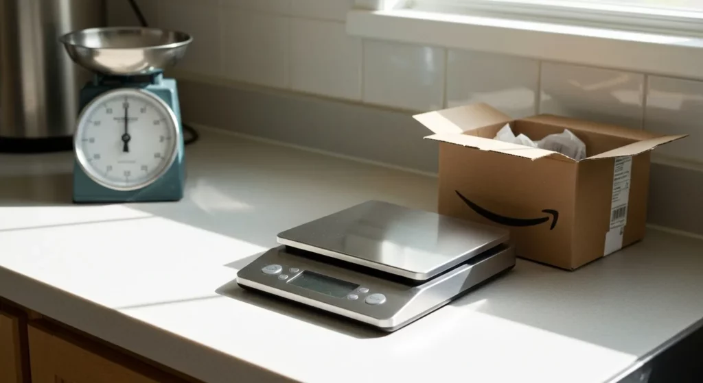 A silver digital kitchen scale sits on a kitchen counter next to an Amazon box.
