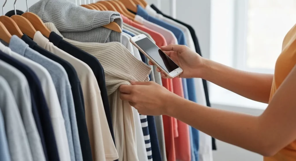 A person carefully examines clothing items on a clearance rack in a store.