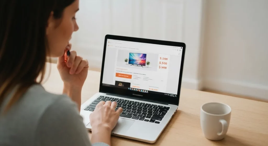 A person looking at a laptop screen displaying a price comparison website with a graph showing the price history of a television.
