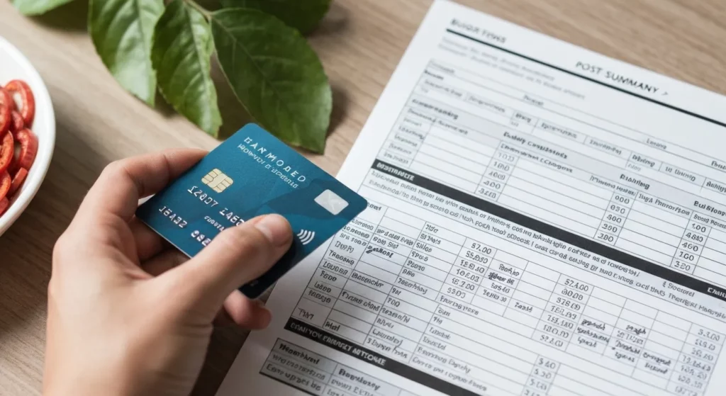 A person reviewing a credit card statement and a spreadsheet detailing their monthly spending.