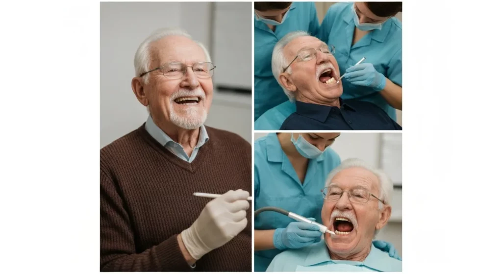 A senior man smiles while sitting in a clean, modern dental clinic.