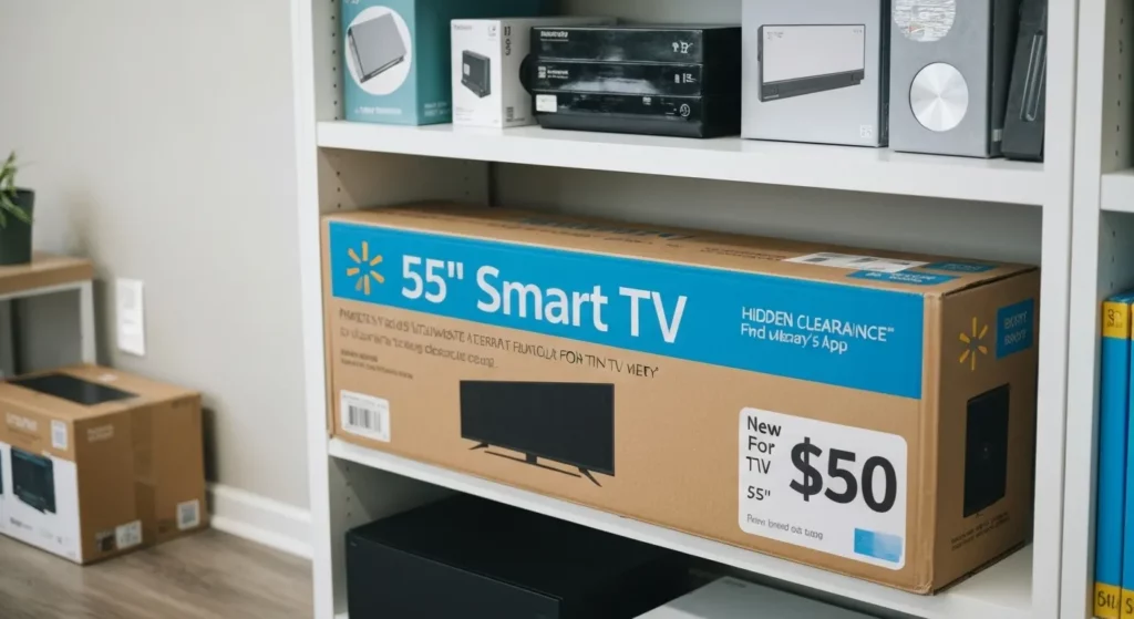 A slightly damaged box of a 55-inch smart TV sits on a low shelf in a Walmart electronics department.