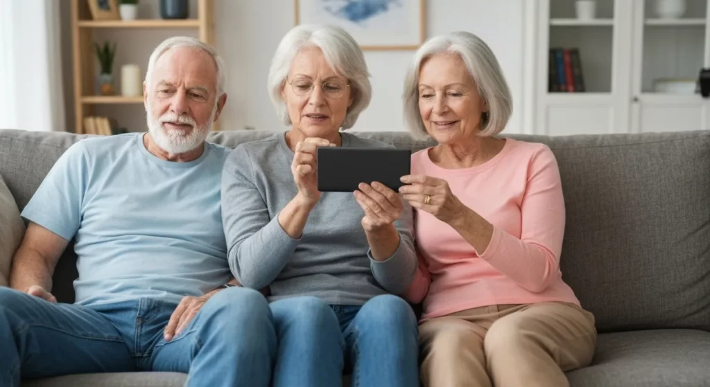 An older couple sits on a couch, smiling, using a Roku remote to navigate a television screen displaying a streaming service interface.