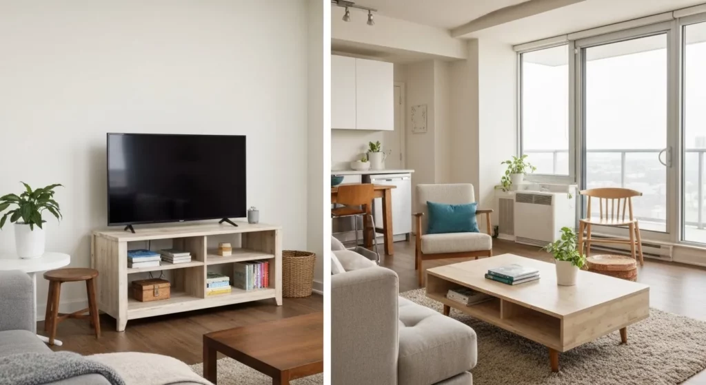 A modern, sparsely furnished living room with a dark wood dining table, a comfortable armchair in a corner, and built-in bookshelves filled with books.