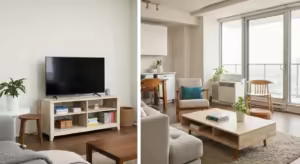 A modern, sparsely furnished living room with a dark wood dining table, a comfortable armchair in a corner, and built-in bookshelves filled with books.