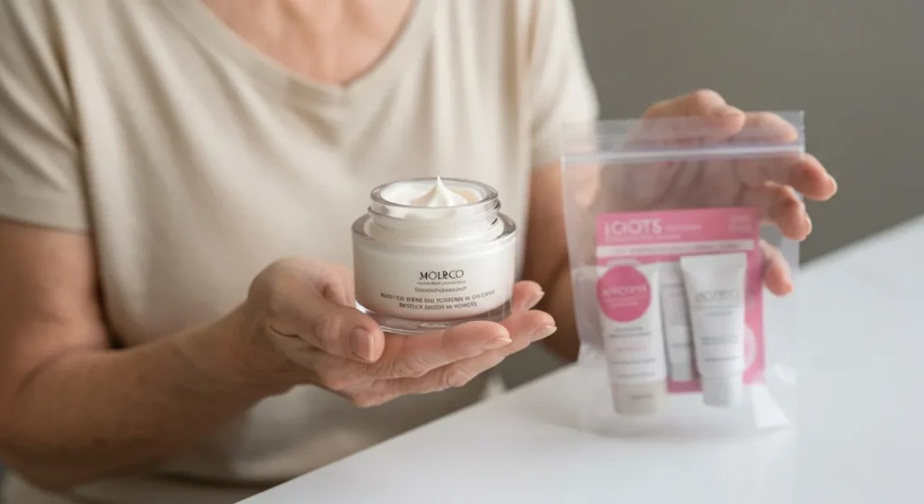 A woman smiles triumphantly while holding a jar of face cream and a small bag of beauty samples.