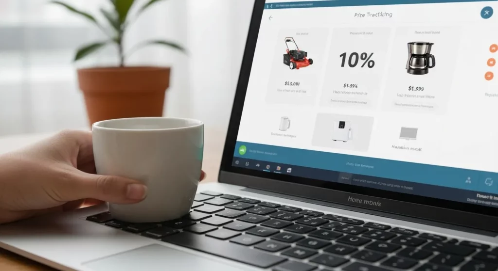 A man smiles while looking at his laptop, showing a price-tracking app with a notification indicating a significant price drop on a desired item.