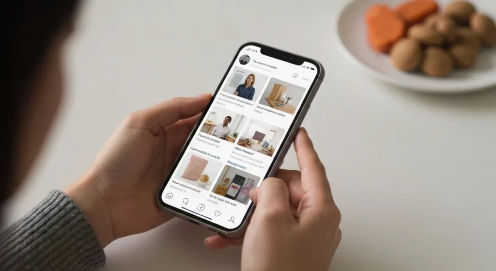 A person uses a smartphone to browse social media for deals and discounts on various products.