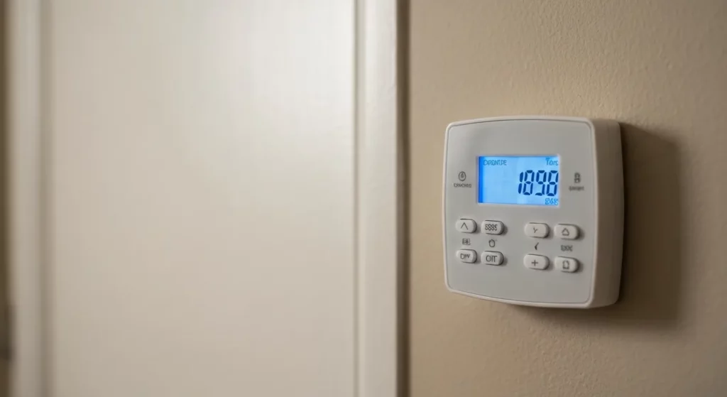 A woman smiles proudly at a new, programmable thermostat installed on her hallway wall.
