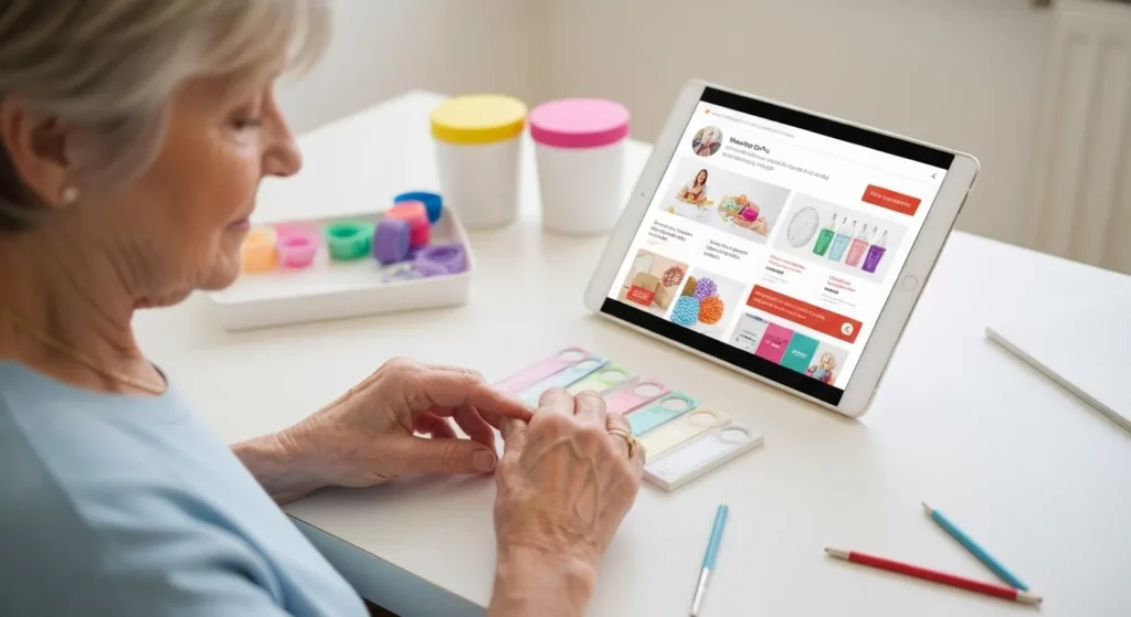A woman smiles while examining a weekly advertisement on a tablet, surrounded by colorful craft supplies.