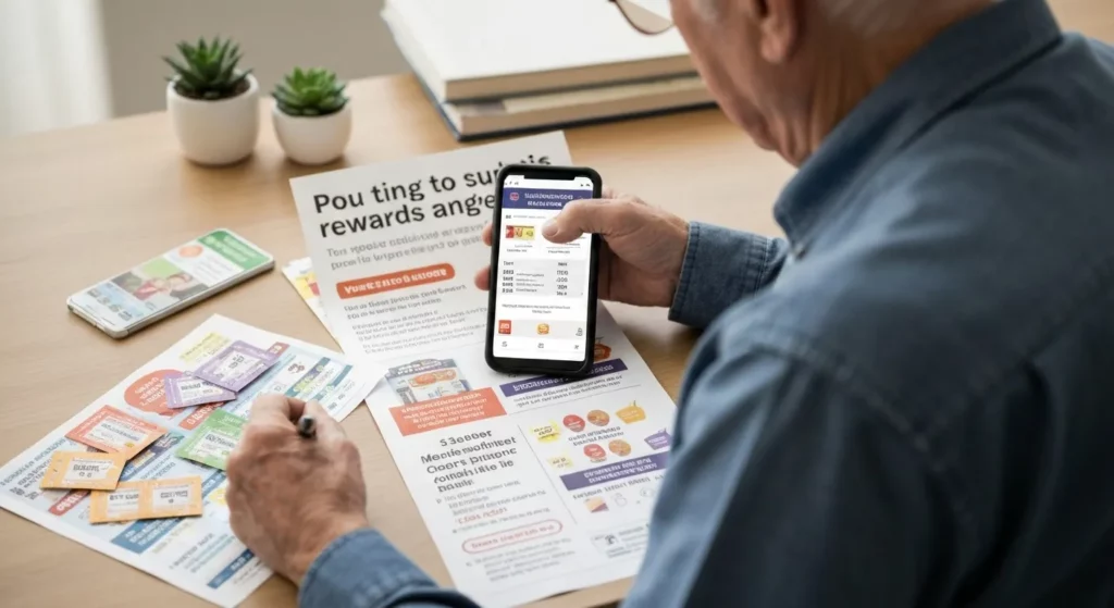 An older man sits at a kitchen table, surrounded by a newspaper ad, a smartphone, and a notepad, meticulously planning his drugstore purchases.