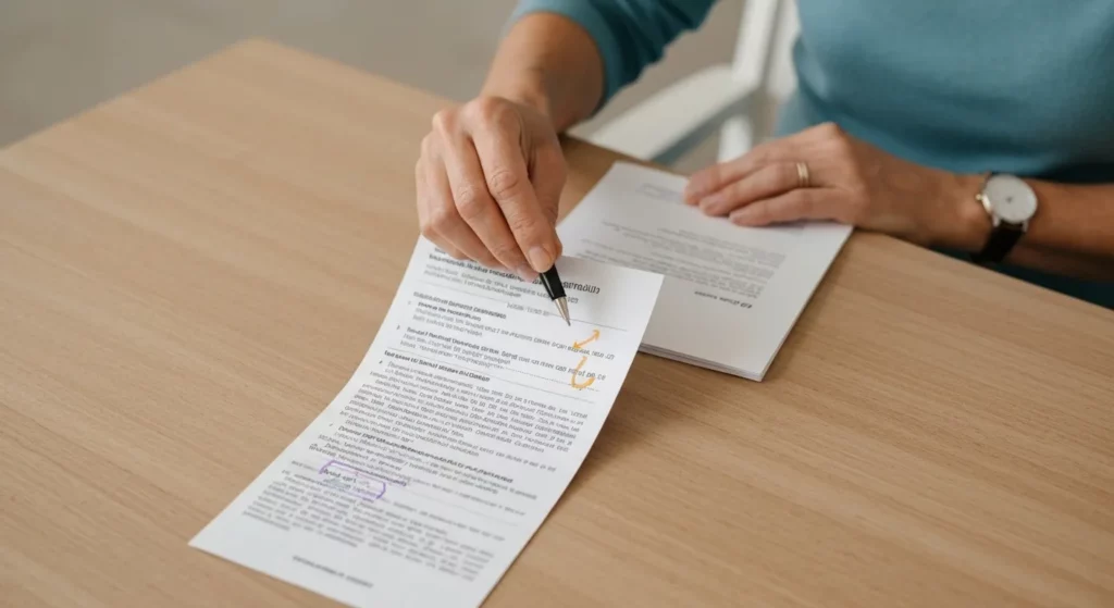 A person sits at a kitchen table, surrounded by financial documents and highlighters, working on a laptop.