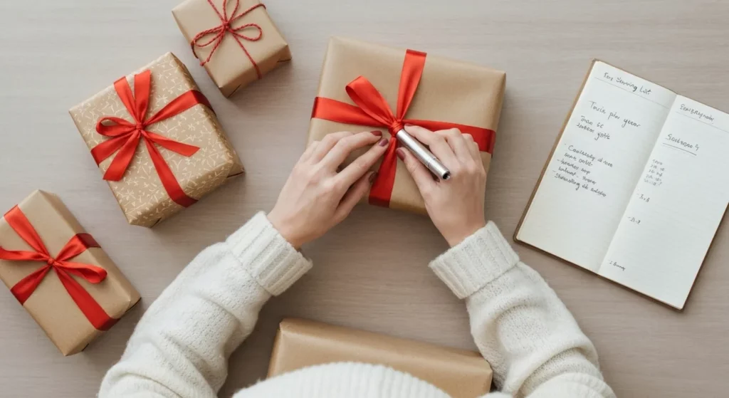A woman smiles contentedly while looking at a neatly organized collection of wrapped Christmas presents in a closet.