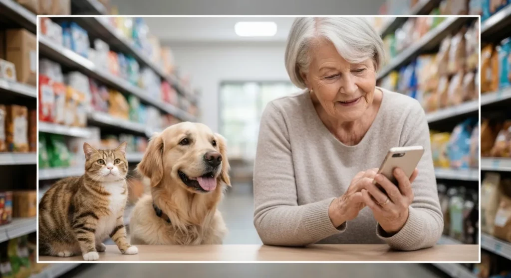 A woman smiles confidently while using a smartphone app in a pet store, with a dog and cat visible in the background.