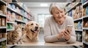 A woman smiles confidently while using a smartphone app in a pet store, with a dog and cat visible in the background.