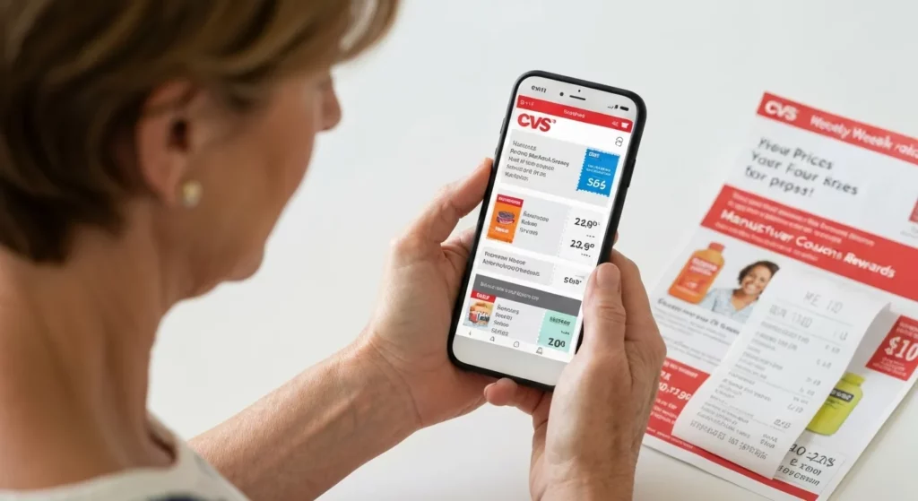 A woman uses a smartphone app to browse coupons while sitting at a kitchen counter with a CVS weekly advertisement and a cup of coffee.