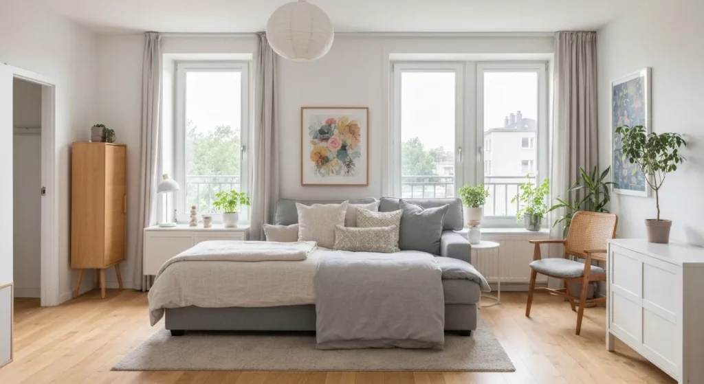 A woman stands proudly in her small apartment, surrounded by modestly priced but tastefully arranged IKEA furniture.