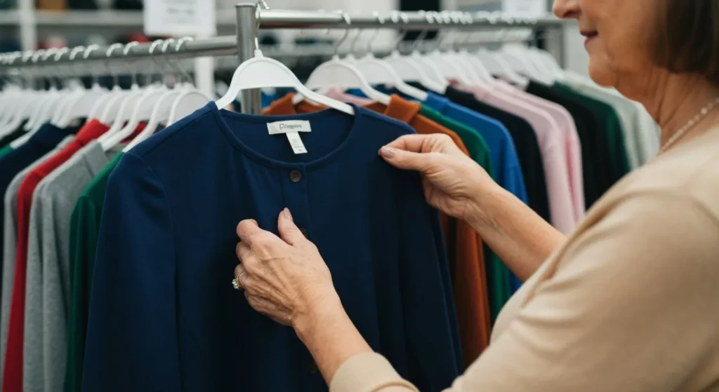 A woman examines clothing items on a clearance rack in a department store, focusing intently on the fabric and cut of a garment.
