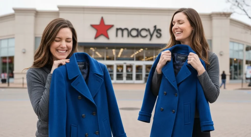 A woman smiles triumphantly while holding a new blue peacoat and a shopping bag from Macy's.