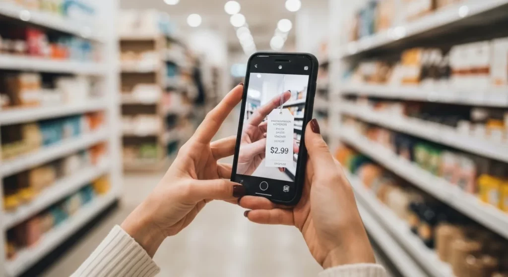 A woman holding her phone, photographing a price tag on a desirable item in a home goods store.