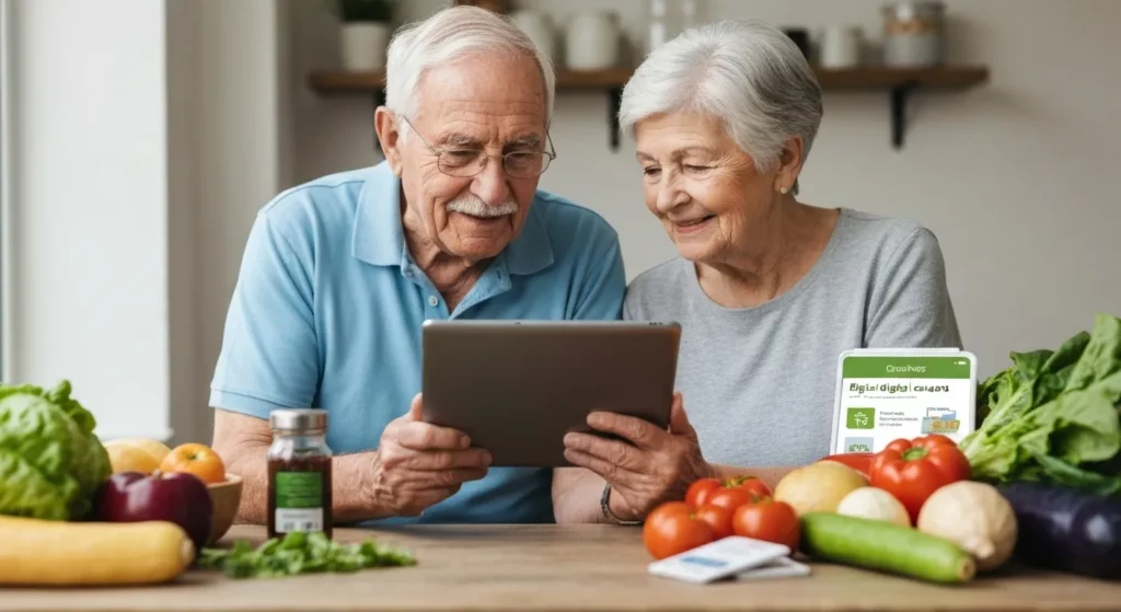 An elderly couple sits at a kitchen table, using a tablet to plan their grocery shopping list, with various grocery items visible.