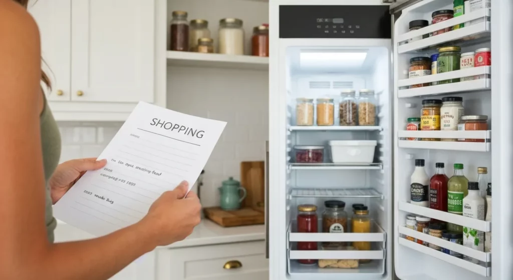 A person checks off items on a shopping list while standing in a well-organized kitchen with a visible pantry and refrigerator.
