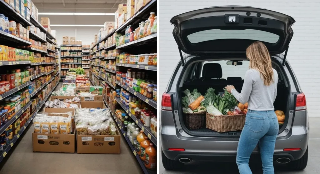 A woman smiles while unloading groceries from her car trunk into her home, having just picked up her order from a Walmart grocery pickup spot.