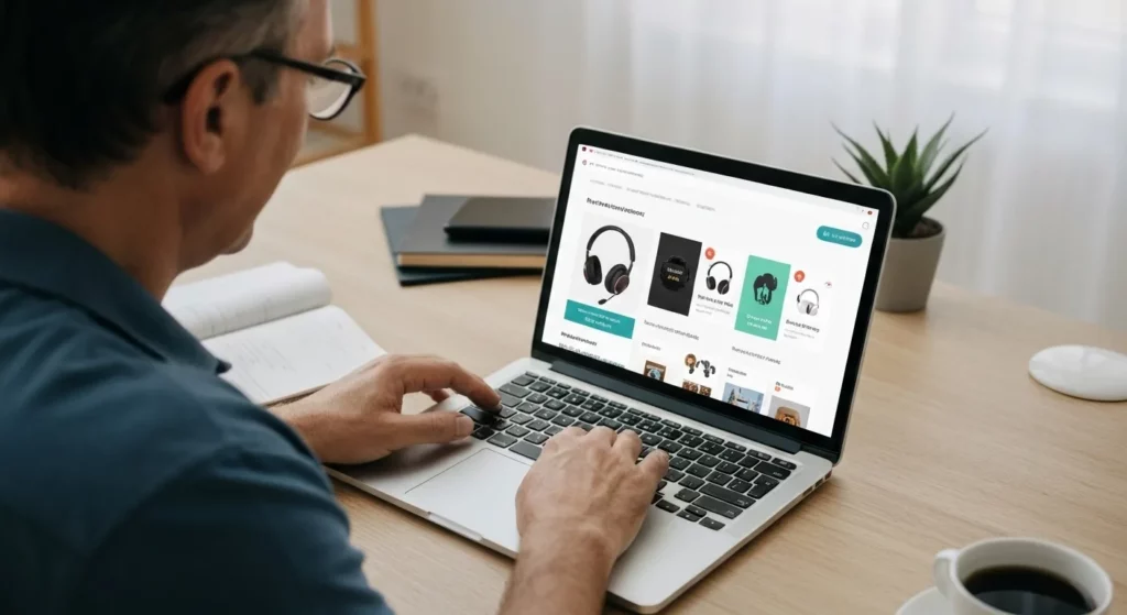 A person looks at a laptop screen showing a price tracking website with a notification about a price drop on a desired item.