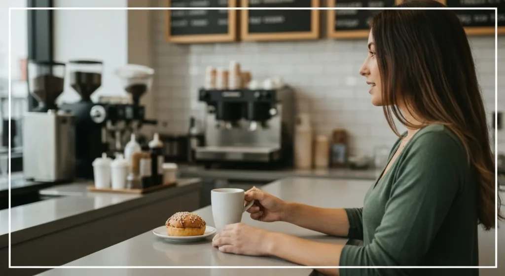 A woman smiling at a coffee shop counter, receiving a coffee and a pastry from the barista.