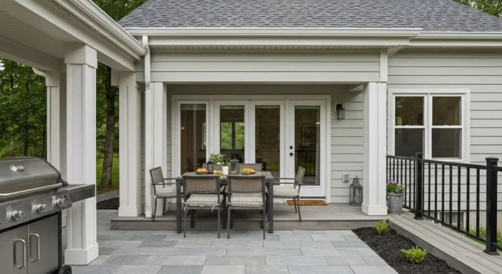 A man stands proudly in front of his newly renovated cottage, showcasing a newly installed patio set and grill.