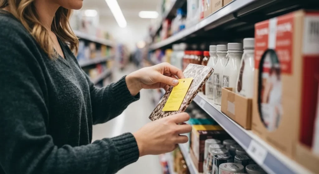 A woman examines a price tag on an item in a well-organized store aisle.