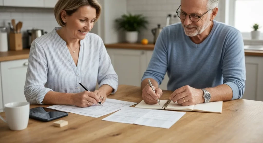 A couple sits at a kitchen table reviewing financial documents, highlighting areas of spending with markers.