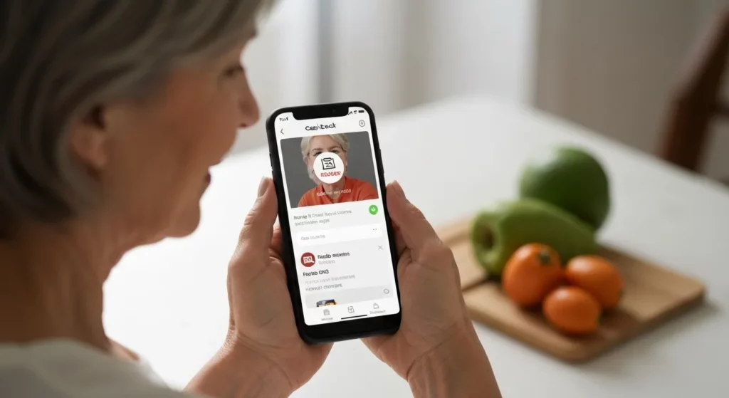 A woman smiles while looking at her phone, displaying a cashback app showing a confirmed payment.