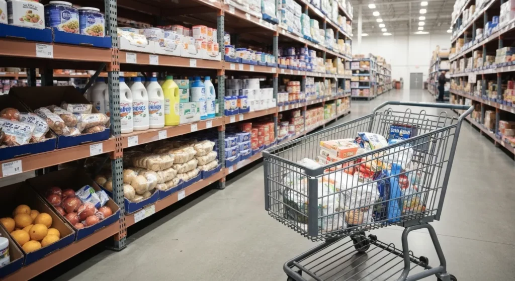 A person with a shopping cart in a large warehouse store, surrounded by high shelves stocked with various household goods.