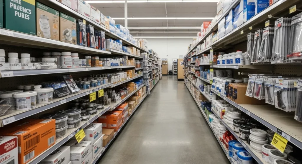 A man examines a yellow price tag on a box of plumbing supplies in a home improvement store.