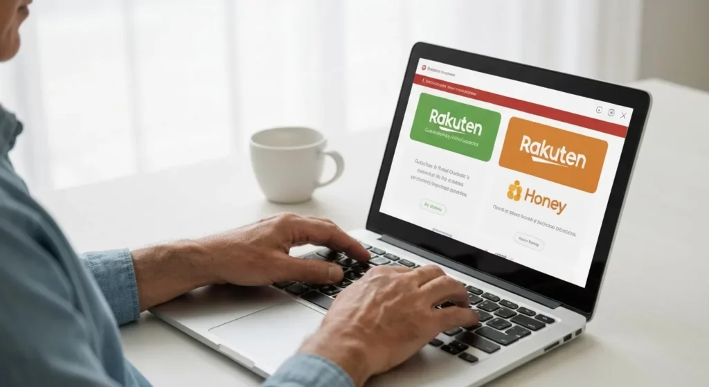 A person's hands hovering over a laptop keyboard, with browser windows displaying Rakuten and Honey extensions.