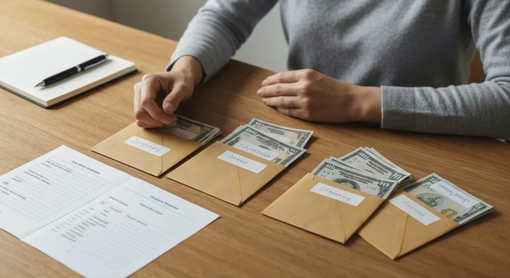 A person's hands organize cash into labeled envelopes on a table.